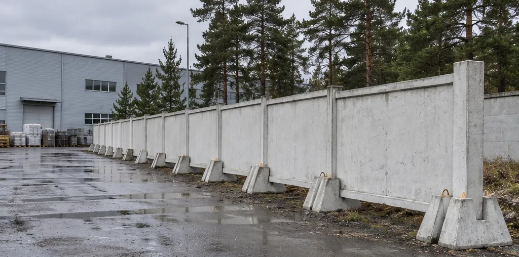 Гладкие ЖБИ-панели на отдельных бетонных опорах вдоль влажного складского двора с соснами